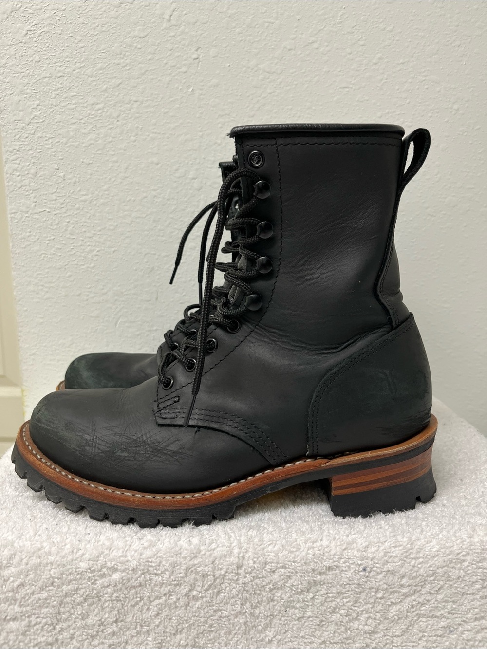 Frye Logger 8G Women’s Black Leather Lace-Up Mid-Calf Boots Round Toe Size 10